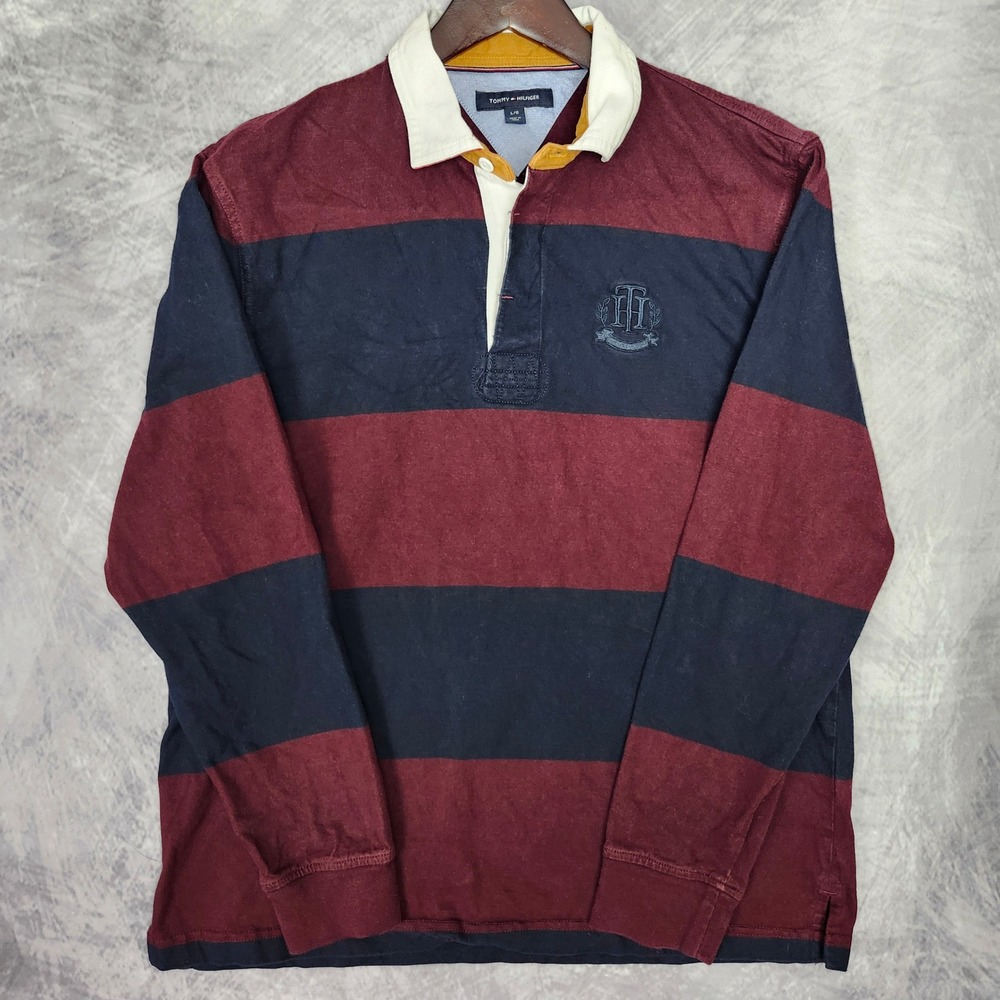 Tommy Hilfiger Rugby Shirt Mens Large Burgundy Navy Crest Long Sleeve Polo